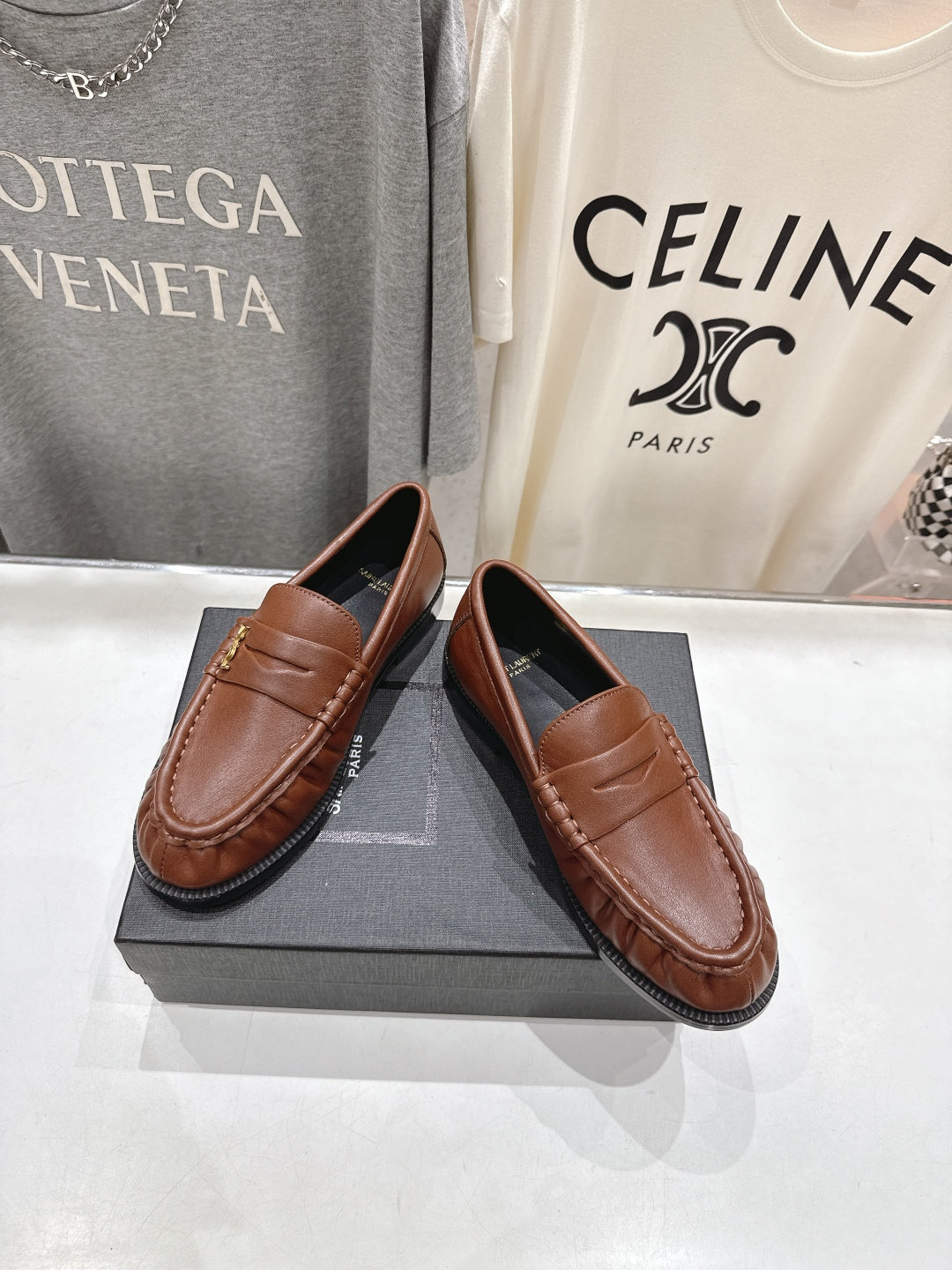 YSL 25S LOAFERS IN CHESTNUT BROWN LAMBSKIN WITH GOLD HARDWARE - 35
