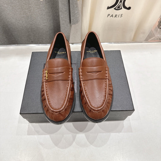 YSL 25S LOAFERS IN CHESTNUT BROWN LAMBSKIN WITH GOLD HARDWARE - 35