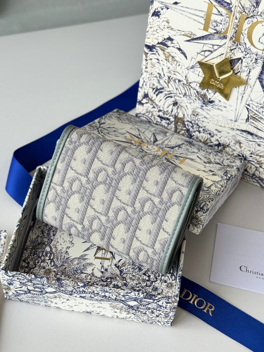 DIOR 25S CARO ВІЗИТНИЦЯ 11 З СІРОЇ ТЕЛЯЧОЇ ШКІРИ ТА ПОЛОТНА З ФУРНІТУРОЮ ЗІ ЗОЛОТА