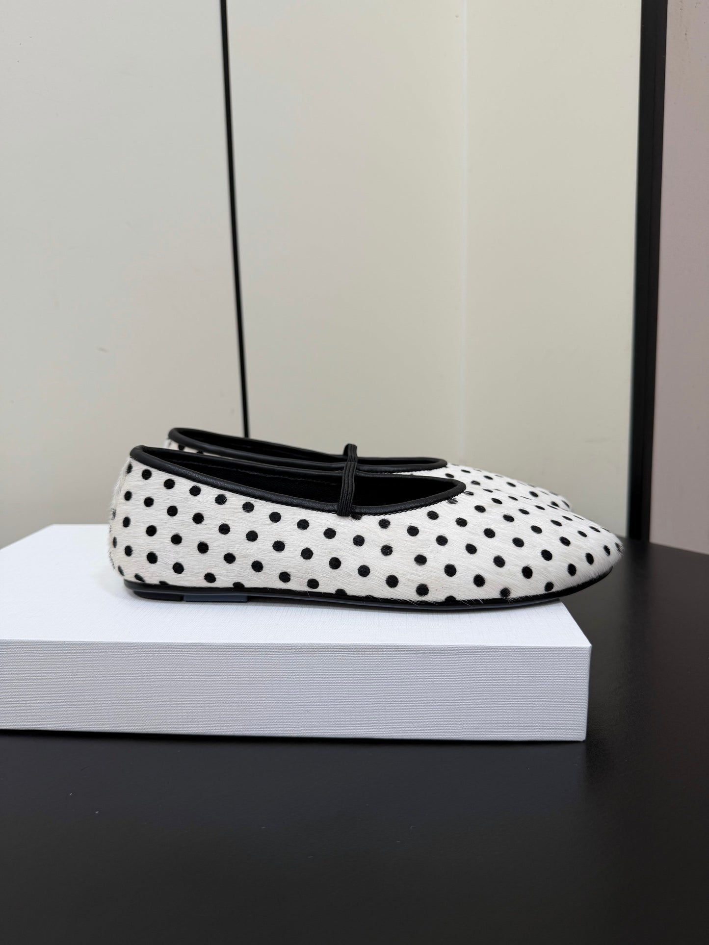THE ROW 26S BALLET FLATS IN WHITE & BLACK MICRO POLKA DOT CALF HAIR CALFSKIN