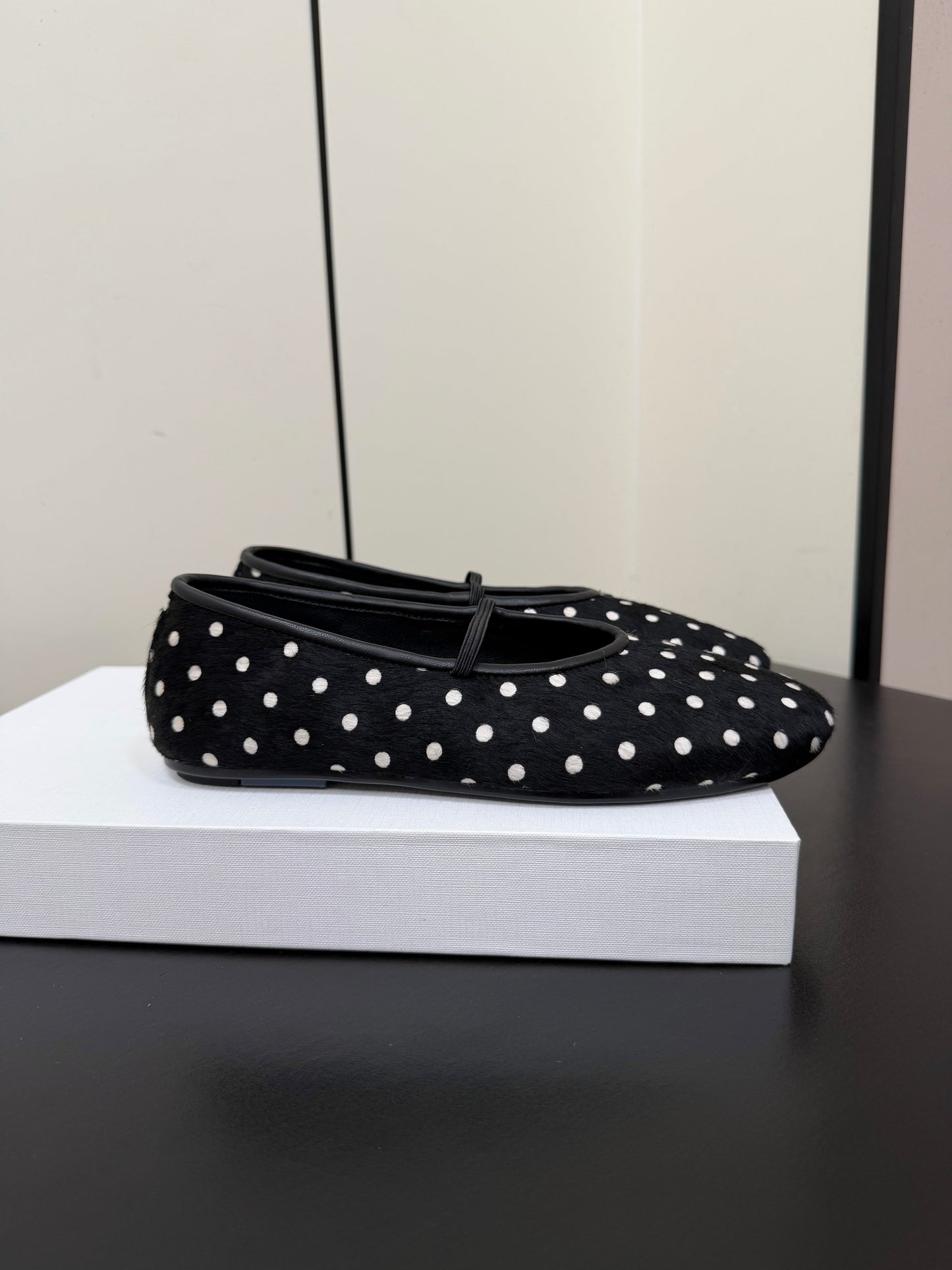 THE ROW 26S BALLET FLATS IN BLACK & WHITE MICRO POLKA DOT CALF HAIR CALFSKIN