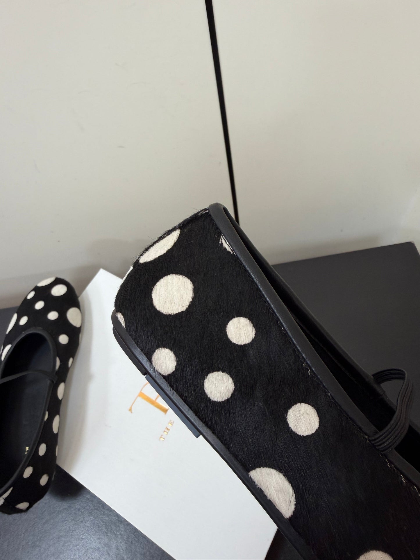 THE ROW 26S BALLET FLATS IN BLACK & WHITE POLKA DOT CALF HAIR CALFSKIN