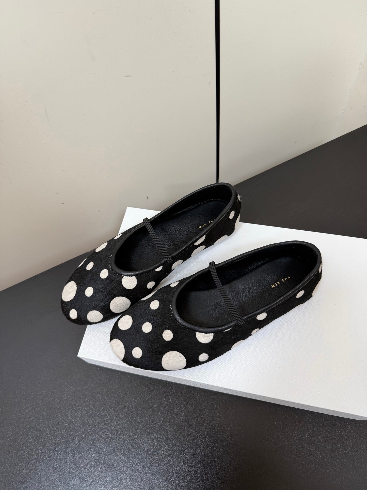 THE ROW 26S BALLET FLATS IN BLACK & WHITE POLKA DOT CALF HAIR CALFSKIN