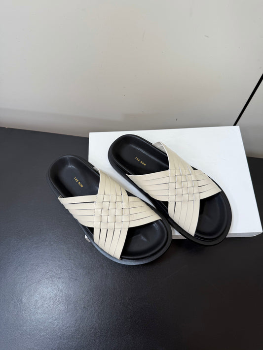 THE ROW 26S CROSS STRAP SANDALS IN IVORY WHITE CALFSKIN