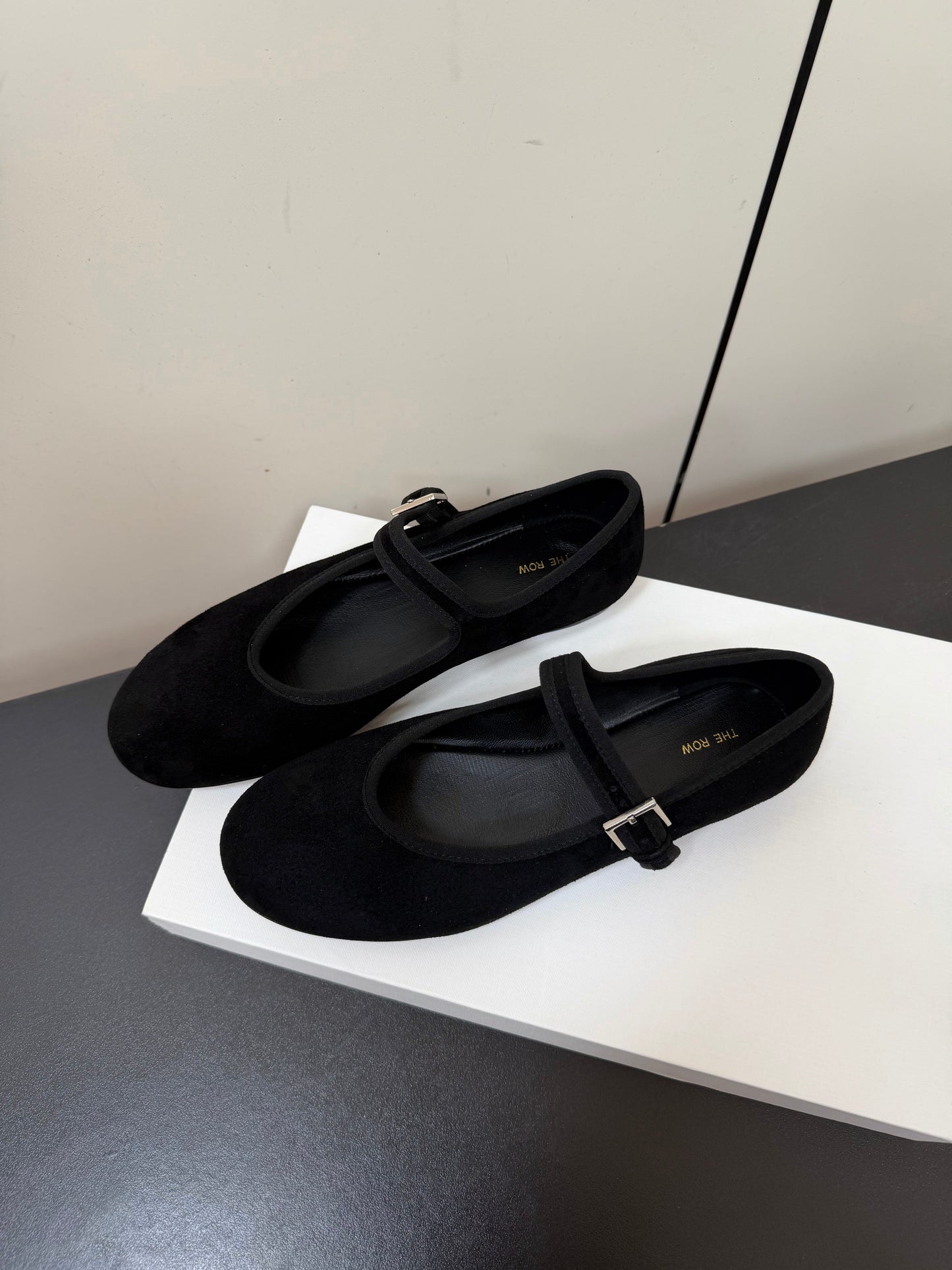 THE ROW 26S MARY JANE BALLET FLATS IN BLACK SUEDE WITH SILVER HARDWARE