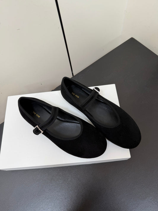 THE ROW 26S MARY JANE BALLET FLATS IN BLACK SUEDE WITH SILVER HARDWARE
