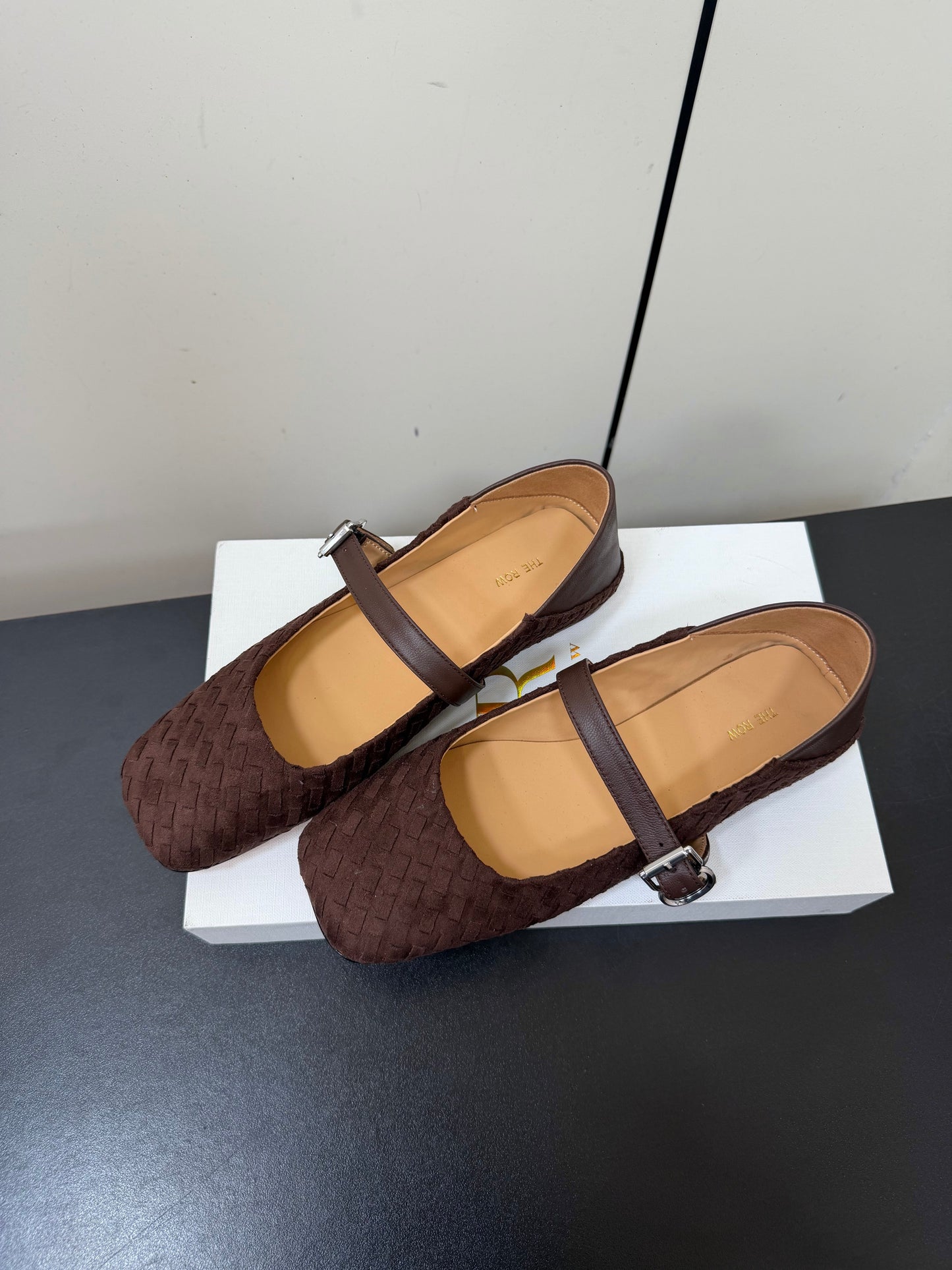 THE ROW 26S MARY JANE BALLET FLATS IN DARK BROWN SUEDE AND CALFSKIN