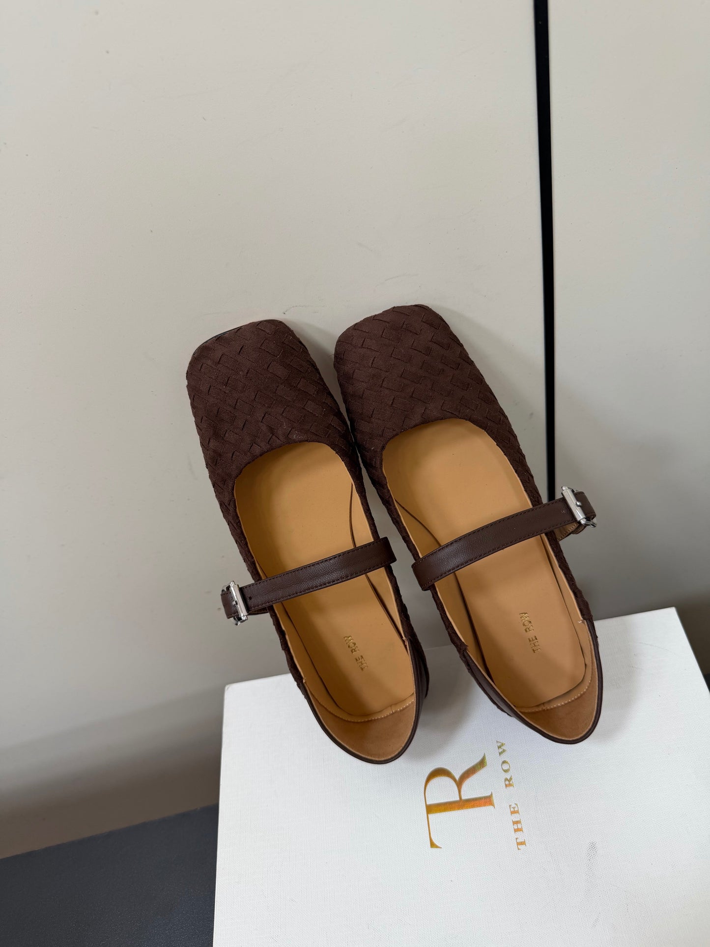 THE ROW 26S MARY JANE BALLET FLATS IN DARK BROWN SUEDE AND CALFSKIN