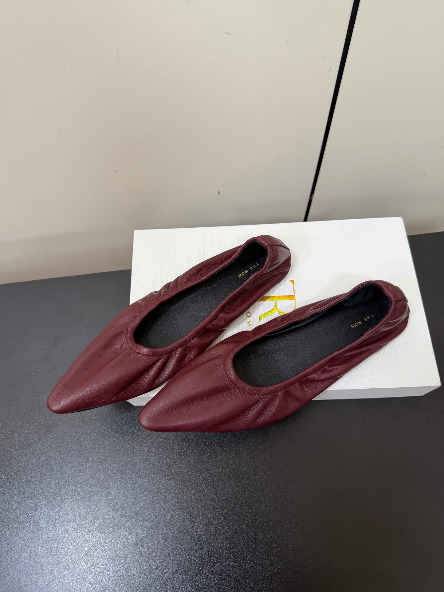 THE ROW 26S POINTED TOE BALLET FLATS IN WINE RED LAMBSKIN