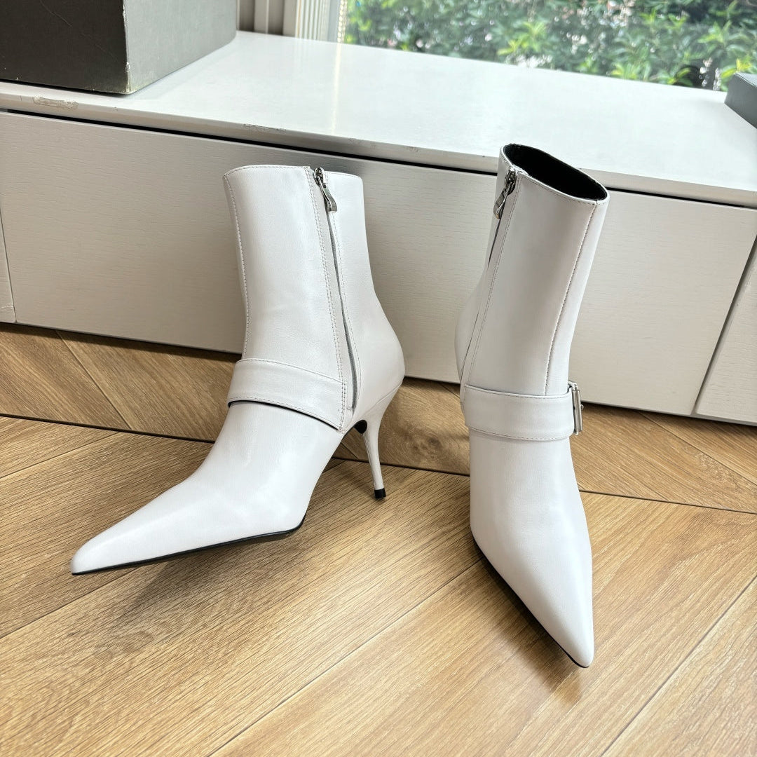 BALENCIAGA 25S ANKLE BOOTS WITH ZIPPER IN WHITE COW LEATHER SILVER HARDWARE - 34