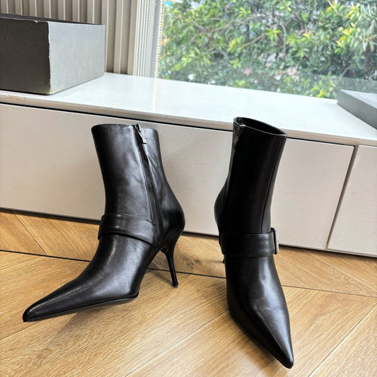 BALENCIAGA 25S ANKLE BOOTS WITH ZIPPER IN BLACK COW LEATHER SILVER HARDWARE - 34