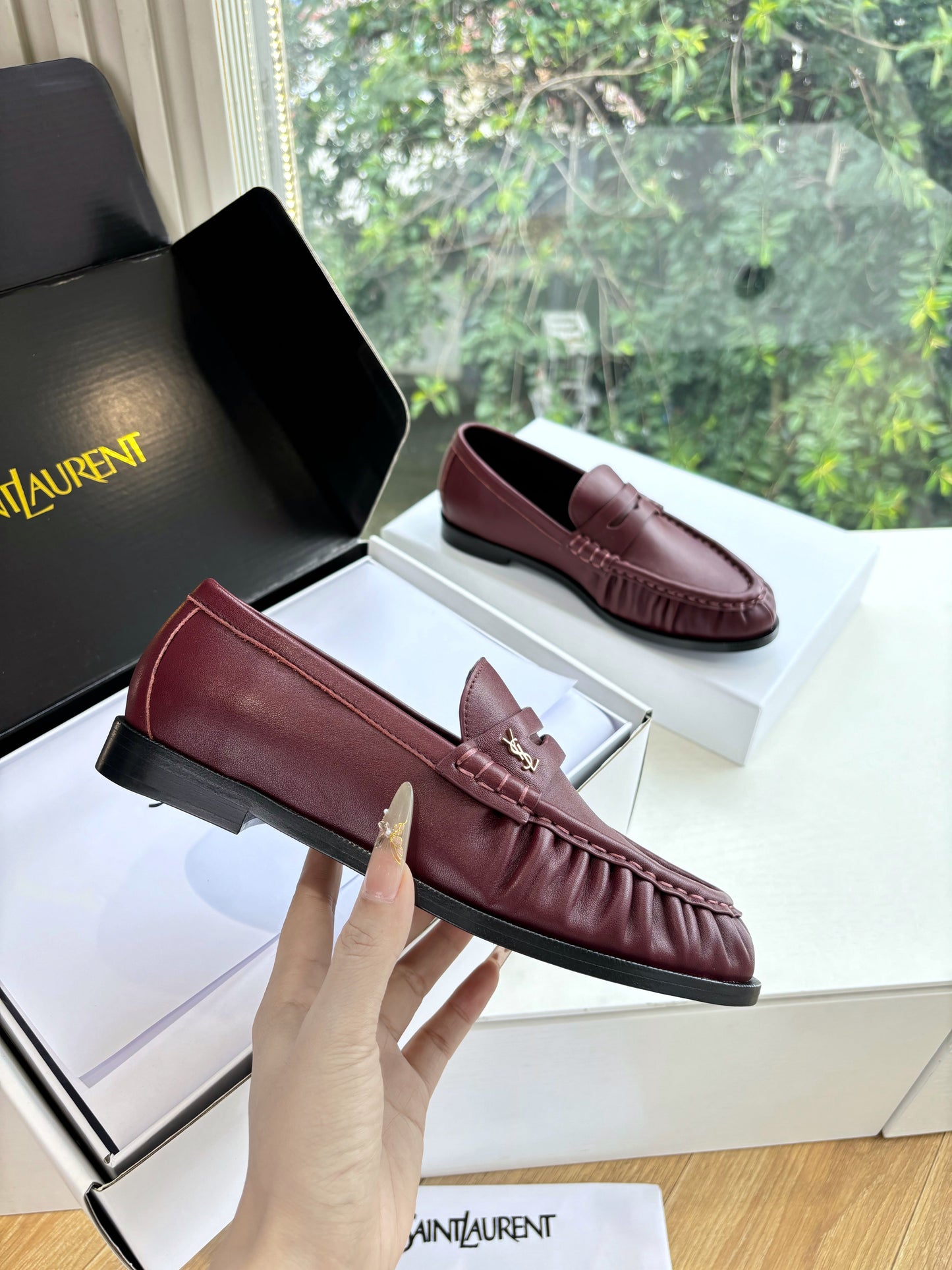 YSL 25S LOAFERS IN DARK RED LAMBSKIN - 35