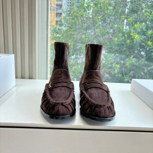 YSL 25S ANKLE FLAT BOOTS IN DARK CHOCOLATE BROWN SUEDE WITH SIDE ZIPPER - 35