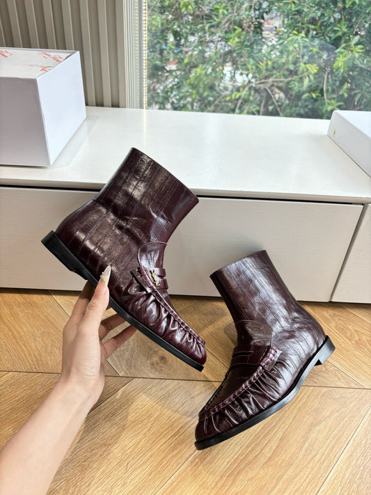 YSL 25S ANKLE FLAT BOOTS IN DEEP REDWOOD EMBOSSED LAMBSKIN WITH SIDE ZIPPER - 35