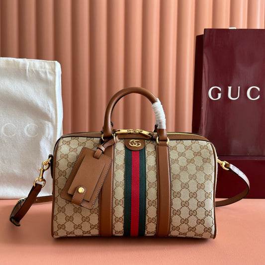 GUCCI 26S СУМКА-БОСТОН OPHIDIA MEDIUM 30 З ТЕПЛОЮ БЕЖЕВОЮ ТА КОРИЧНЕВОЮ КАНВОЮ