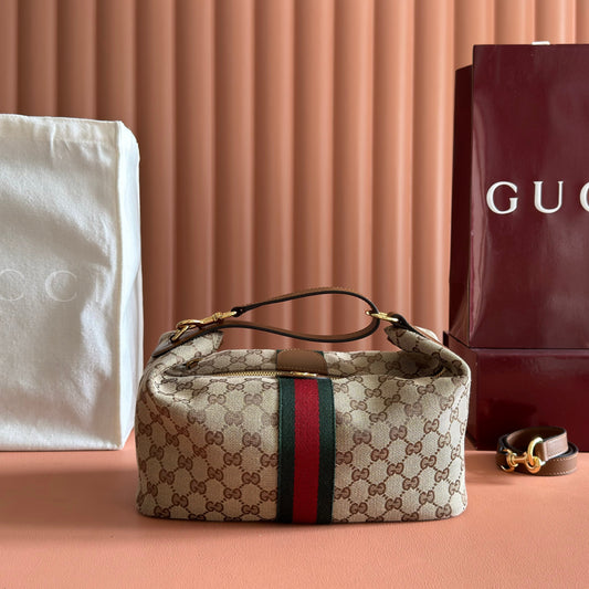Сумка GUCCI 26S GIGLIO TOP HANDLE 27 з полотна теплого бежевого та коричневого кольорів