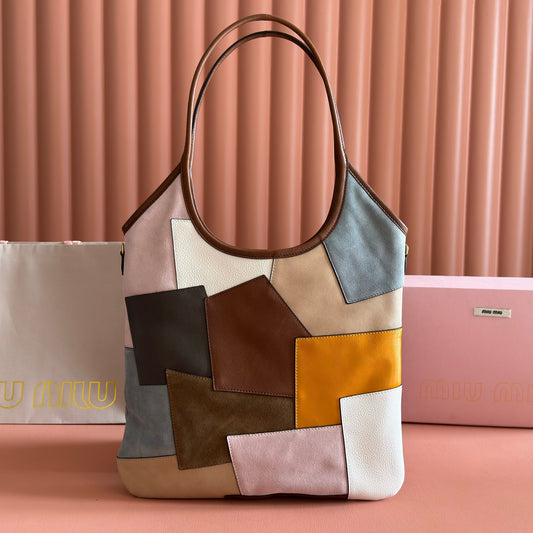 MIUMIU 26S IVY TOTE BAG 60 IN  COGNAC CALFSKIN PATCHWORK GOLD HARDWARE