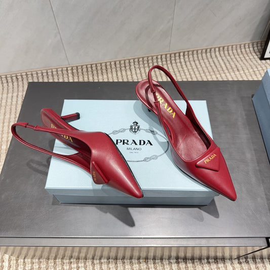 PRADA 26S ГОСТРОНОСІ ТУФЛІ-СЛІНГБЕКИ НА ВИСОКИХ ПІДБОРАХ 55 ММ З ТЕМНО-ЧЕРВОНОЇ ОВЕЧОЇ ШКІРИ З ЛОГОТИПОМ