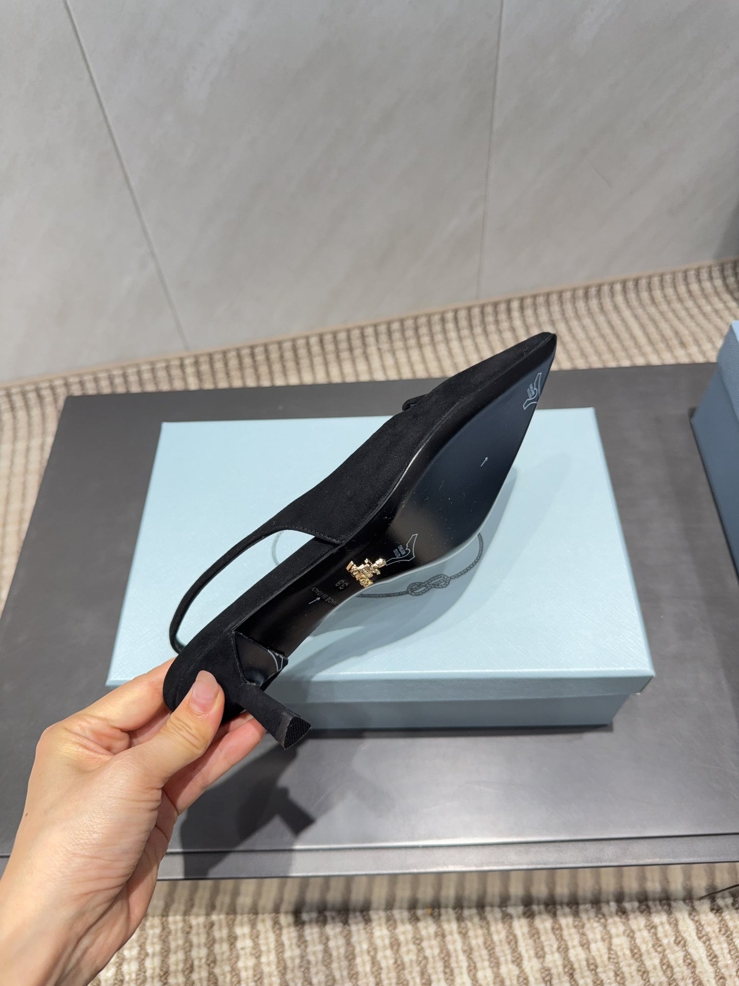 PRADA 26S POINTED TOE SLINGBACK HIGH HEELS 55MM IN BLACK SUEDE WITH LOGO