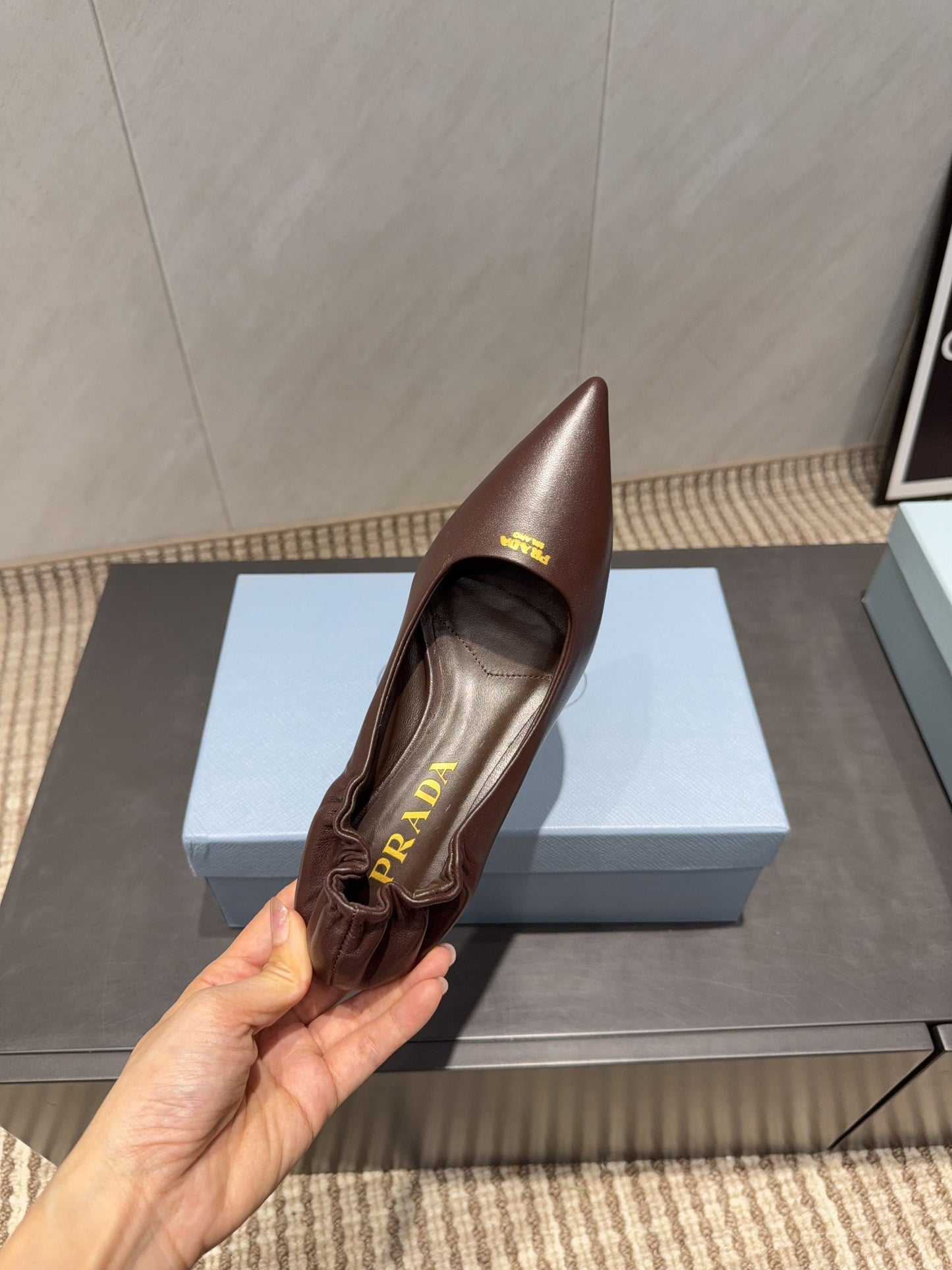 PRADA 26S POINTED TOE PUMPS 55MM IN CHOCOLATE BROWN SHEEPSKIN