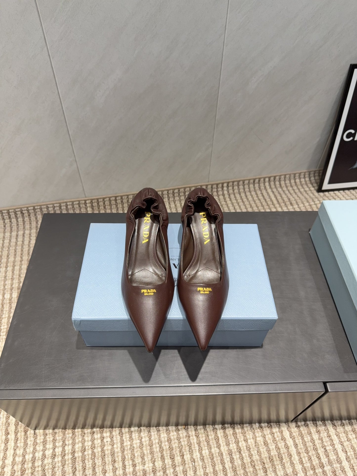 PRADA 26S POINTED TOE PUMPS 55MM IN CHOCOLATE BROWN SHEEPSKIN