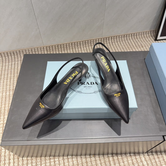 PRADA 26S ГОСТРОНОСІ ТУФЛІ-СЛІНГБЕКИ НА ВИСОКИХ ПІДБОРАХ 55 ММ З ЧОРНОЇ ОВЕЧОЇ ШКІРИ