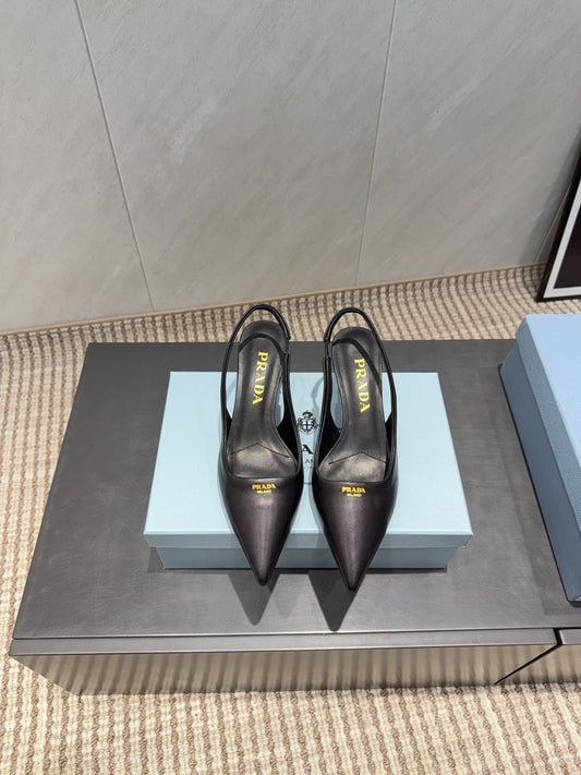 PRADA 26S ГОСТРОНОСІ ТУФЛІ-СЛІНГБЕКИ НА ВИСОКИХ ПІДБОРАХ 55 ММ З ЧОРНОЇ ОВЕЧОЇ ШКІРИ