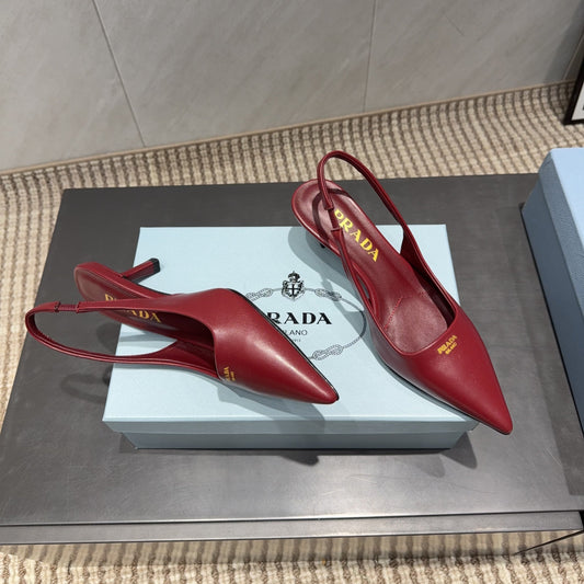 ТУФЛІ-СЛІНГБЕКИ PRADA 26S З ГОСТРИМ НОСКОМ НА ПІДБОРАХ 55 ММ З ТЕМНО-ЧЕРВОНОЇ ОВЕЧОЇ ШКІРИ