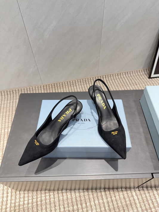 PRADA 26S ЗАГОСТРЕНІ ТУФЛІ-СЛІНГБЕКИ НА ВИСОКОМУ КАБЛУЦІ 55 ММ З ЧОРНОЇ ЗАМШІ