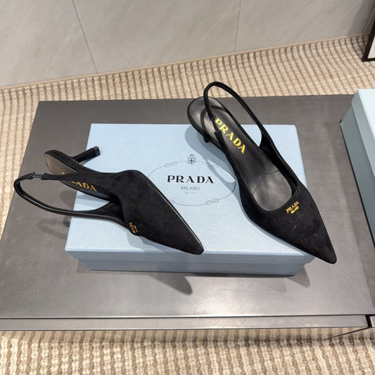 PRADA 26S ЗАГОСТРЕНІ ТУФЛІ-СЛІНГБЕКИ НА ВИСОКОМУ КАБЛУЦІ 55 ММ З ЧОРНОЇ ЗАМШІ