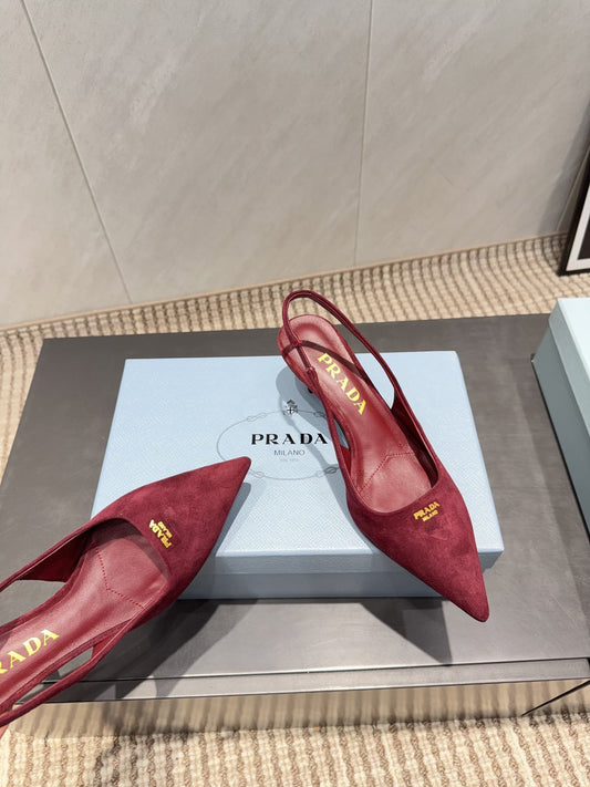 PRADA 26S ЗАГОСТРЕНІ ТУФЛІ-СЛІНГБЕКИ НА ПІДБОРАХ 55 ММ З ТЕМНО-ЧЕРВОНОЇ ЗАМШІ