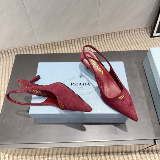 PRADA 26S ЗАГОСТРЕНІ ТУФЛІ-СЛІНГБЕКИ НА ПІДБОРАХ 55 ММ З ТЕМНО-ЧЕРВОНОЇ ЗАМШІ
