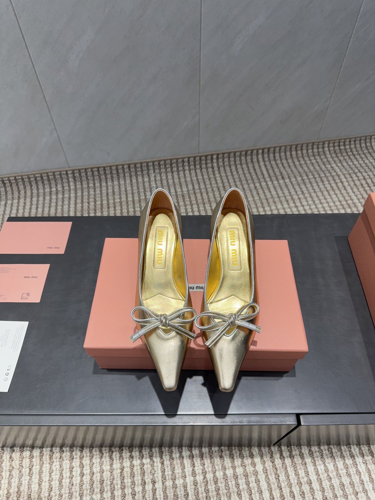 MIUMIU 26S POINTED TOE PUMPS 55MM IN GOLD CALFSKIN WITH BOW
