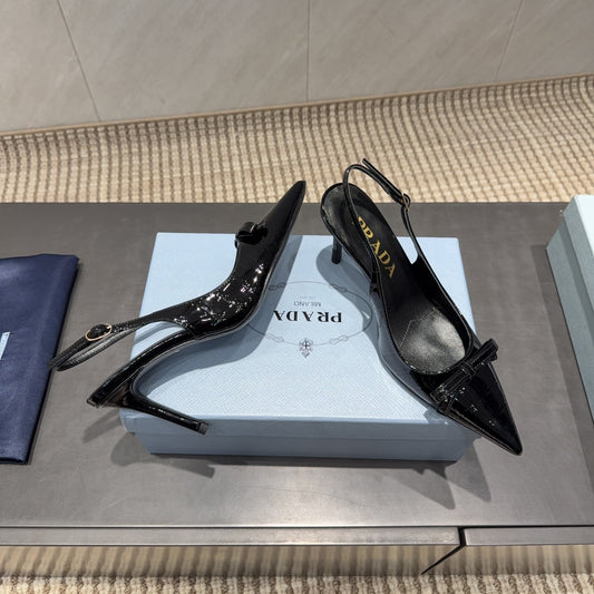 PRADA 26S ГОСТРОНОСІ ТУФЛІ-СЛІНГБЕКИ НА ВИСОКИХ ПІДБОРАХ 85 ММ З ЧОРНОЇ ТЕЛЯЧОЇ ШКІРИ З БАНТОМ