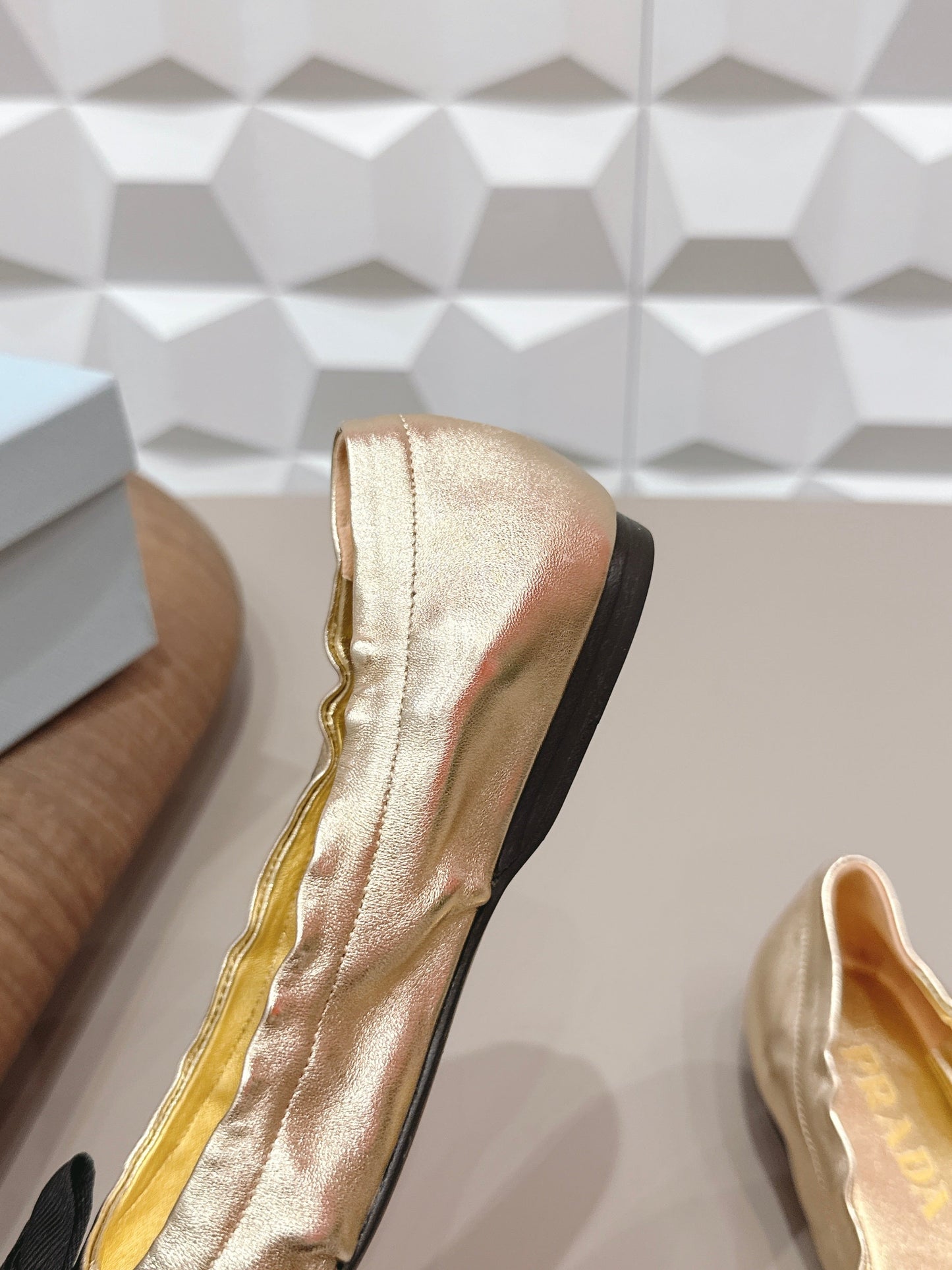 PRADA 26S ROUND TOE FLATS WITH BOW IN GOLD CALFSKIN
