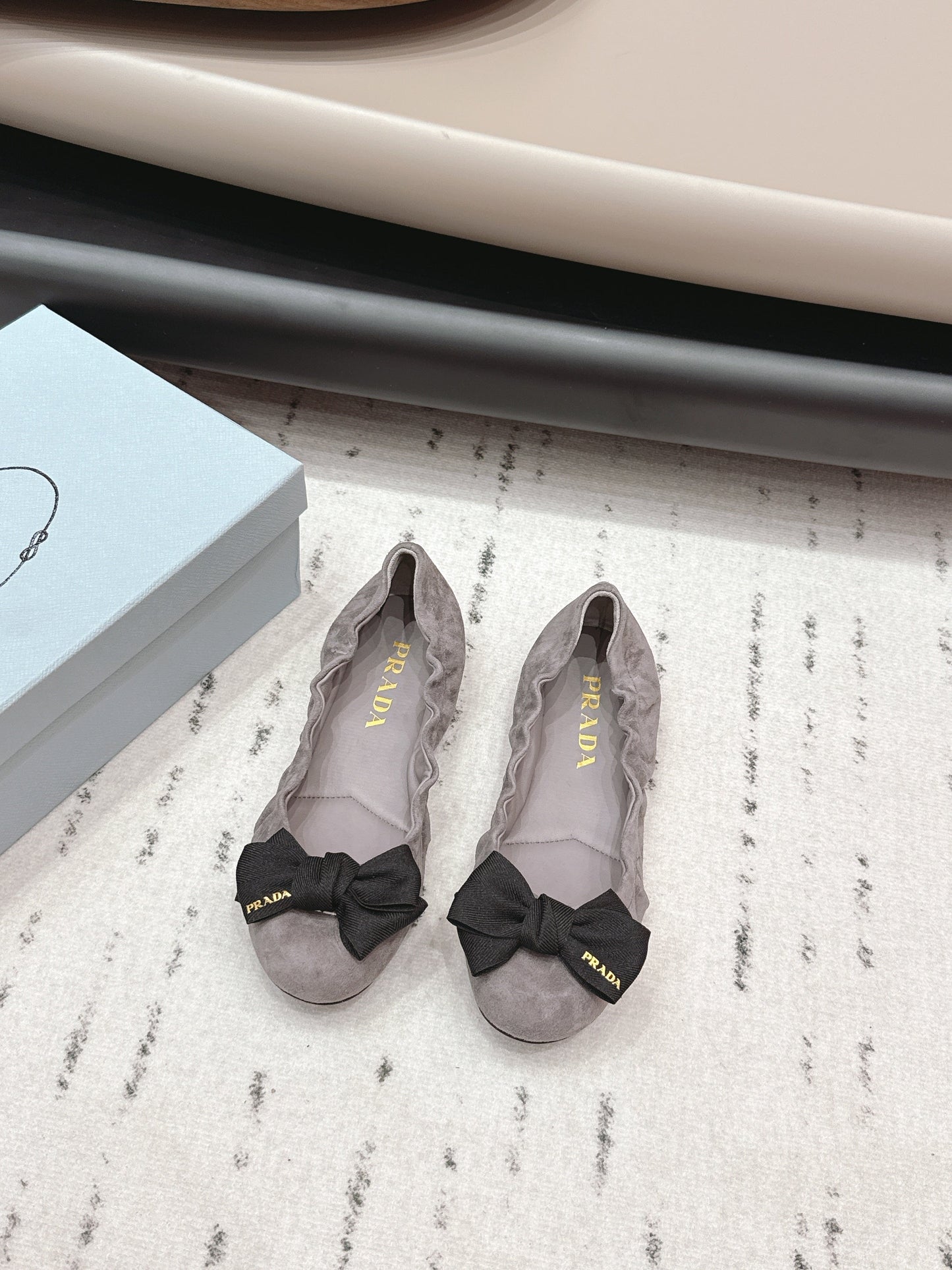 PRADA 26S ROUND TOE FLATS WITH BOW IN TAUPE BROWN SUEDE