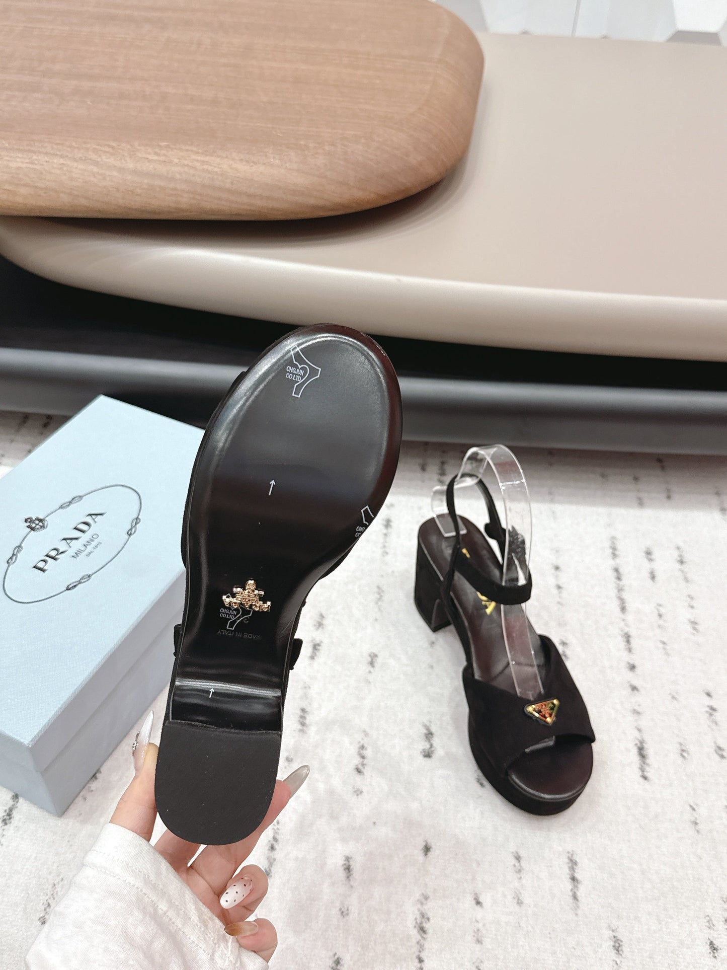 PRADA 26S HEELED SANDALS 75MM IN BLACK SUEDE WITH LOGO