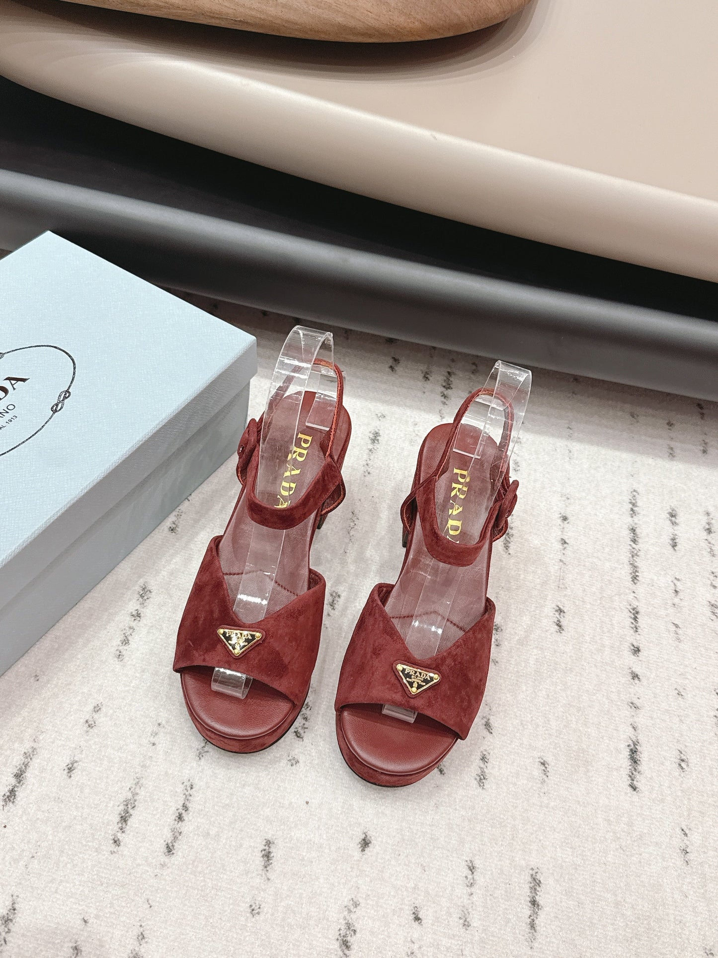 PRADA 26S HEELED SANDALS 75MM IN DARK RED SUEDE WITH LOGO