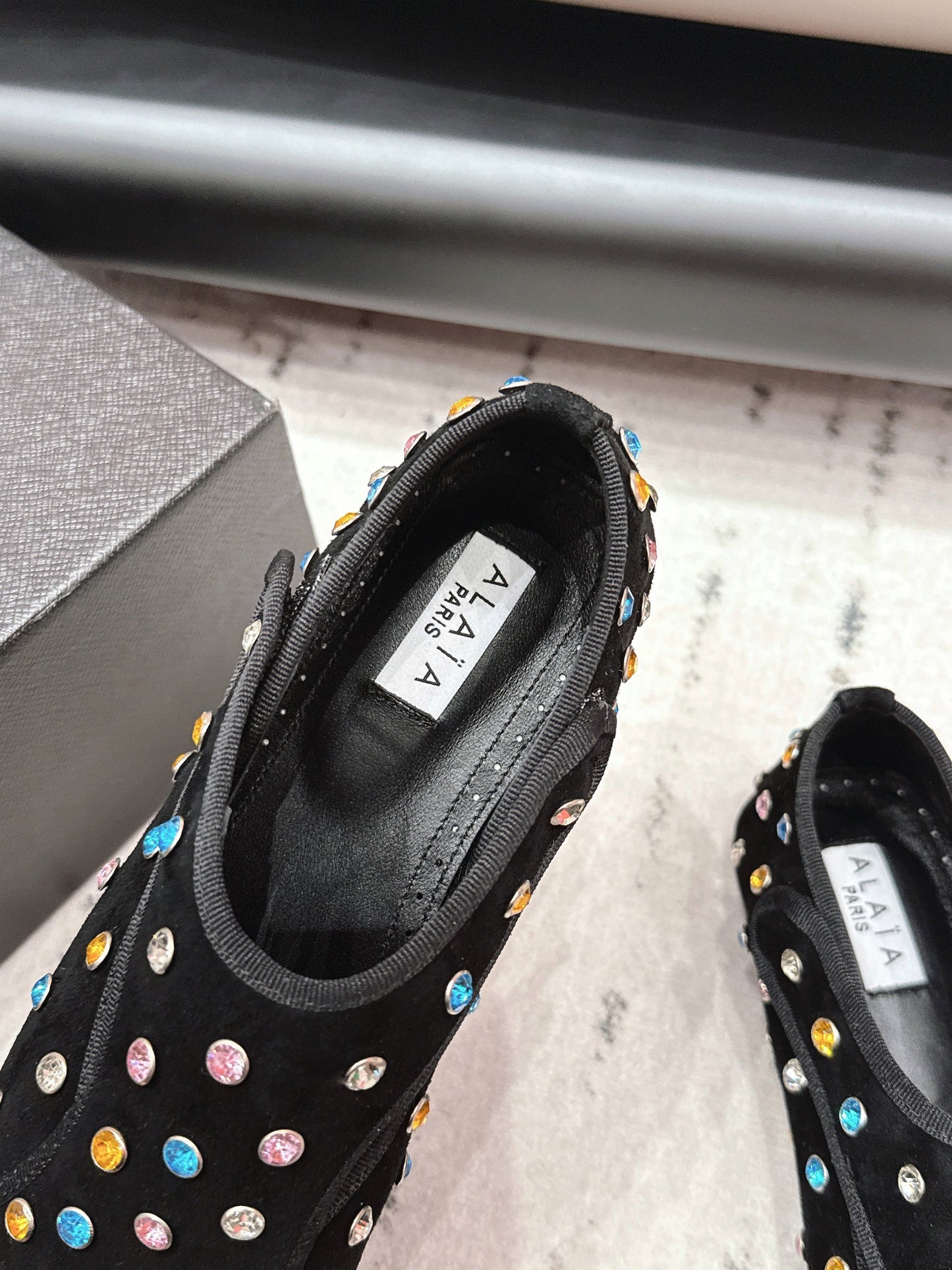 ALAIA 26S EMBELLISHED FLATS IN BLACK SUEDE