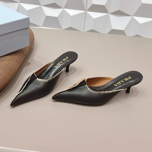 МЮЛІ PRADA 26S З ГОСТРИМ НОСКОМ І МЕРЕЖИВОМ, 55 ММ, ЧОРНА ТЕЛЯЧА ШКІРА