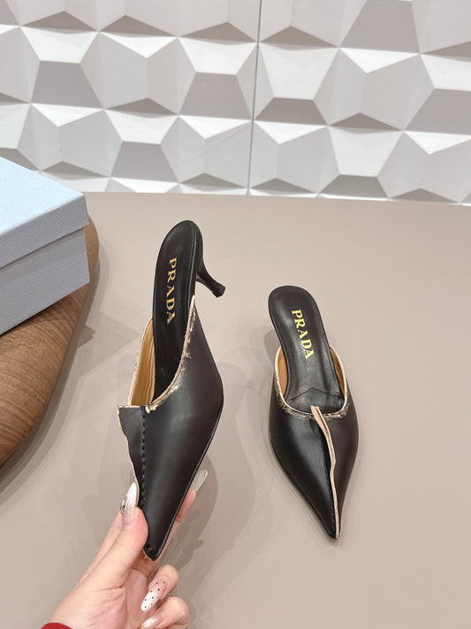 МЮЛІ PRADA 26S З ГОСТРИМ НОСКОМ І МЕРЕЖИВОМ, 55 ММ, ЧОРНА ТЕЛЯЧА ШКІРА