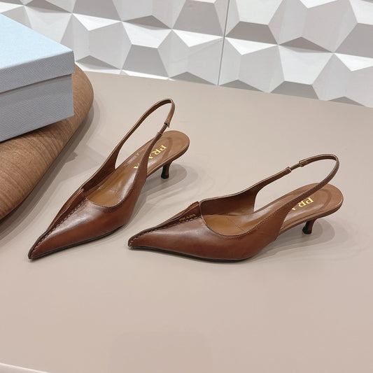 PRADA 26S ГОСТРОНОСІ ТУФЛІ-СЛІНГБЕКИ НА ПІДБОРАХ 55 ММ З КОРИЧНЕВОЇ ТЕЛЯЧОЇ ШКІРИ