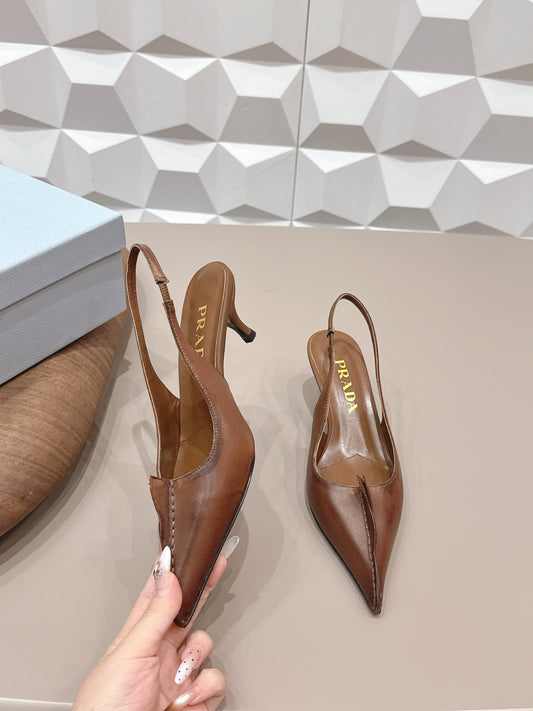 PRADA 26S ГОСТРОНОСІ ТУФЛІ-СЛІНГБЕКИ НА ПІДБОРАХ 55 ММ З КОРИЧНЕВОЇ ТЕЛЯЧОЇ ШКІРИ