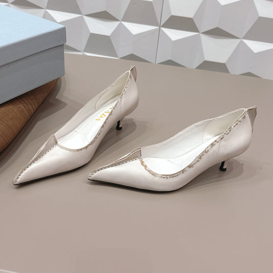 PRADA 26S ГОСТРОНОСІ ТУФЛІ НА ВИСОКИХ ПІДБОРАХ 55 ММ З ТЕЛЯЧОЇ ШКІРИ КОЛЬОРУ КРЕМО ВИЙ БІЛИЙ