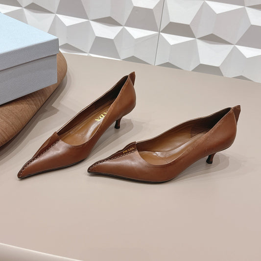 PRADA 26S ГОСТРОНОСІ ТУФЛІ НА ВИСОКИХ ПІДБОРАХ 55 ММ З КОРИЧНЕВОЇ ТЕЛЯЧОЇ ШКІРИ
