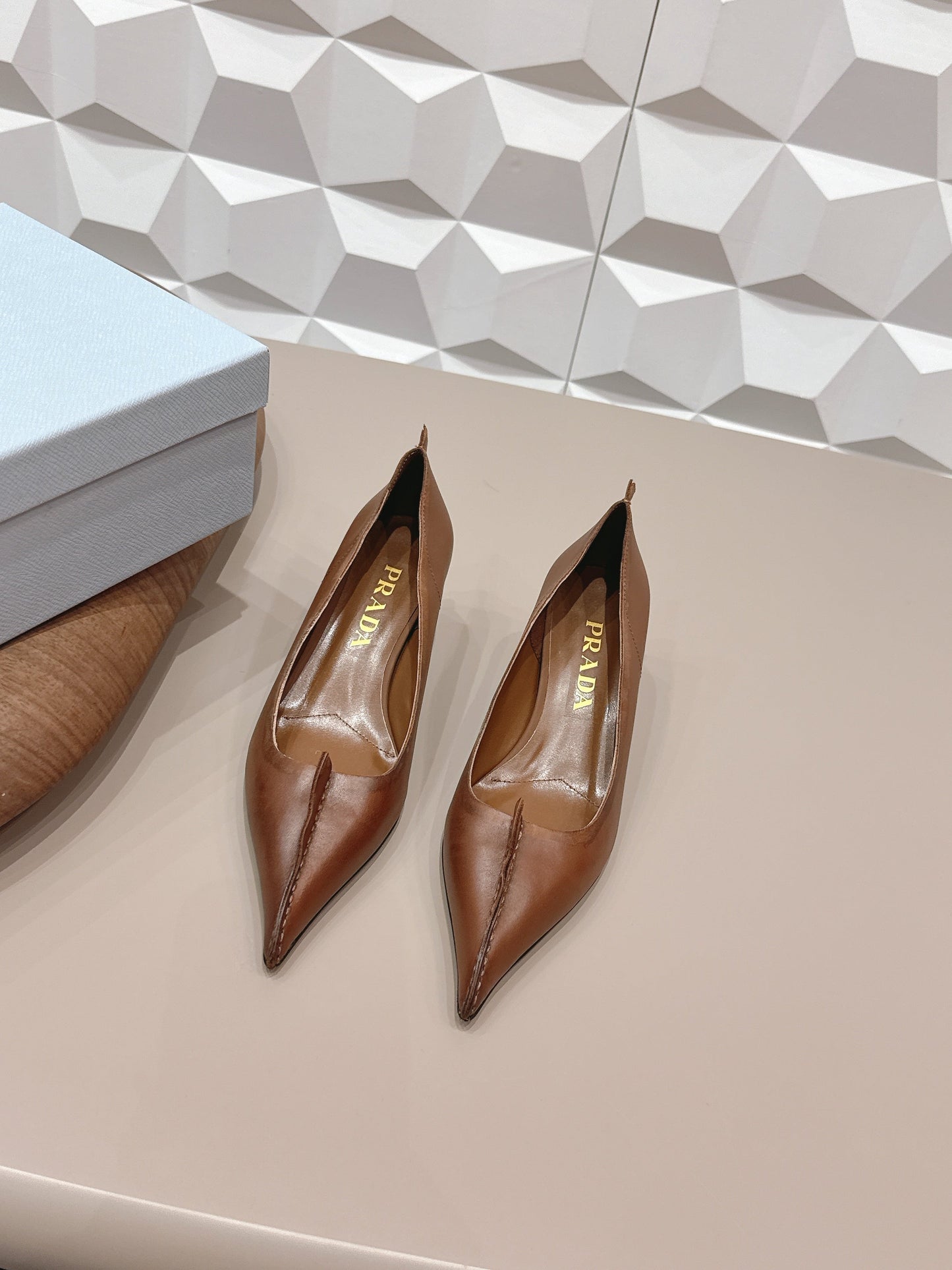 PRADA 26S POINTED TOE HIGH HEELS 55MM IN BROWN CALFSKIN