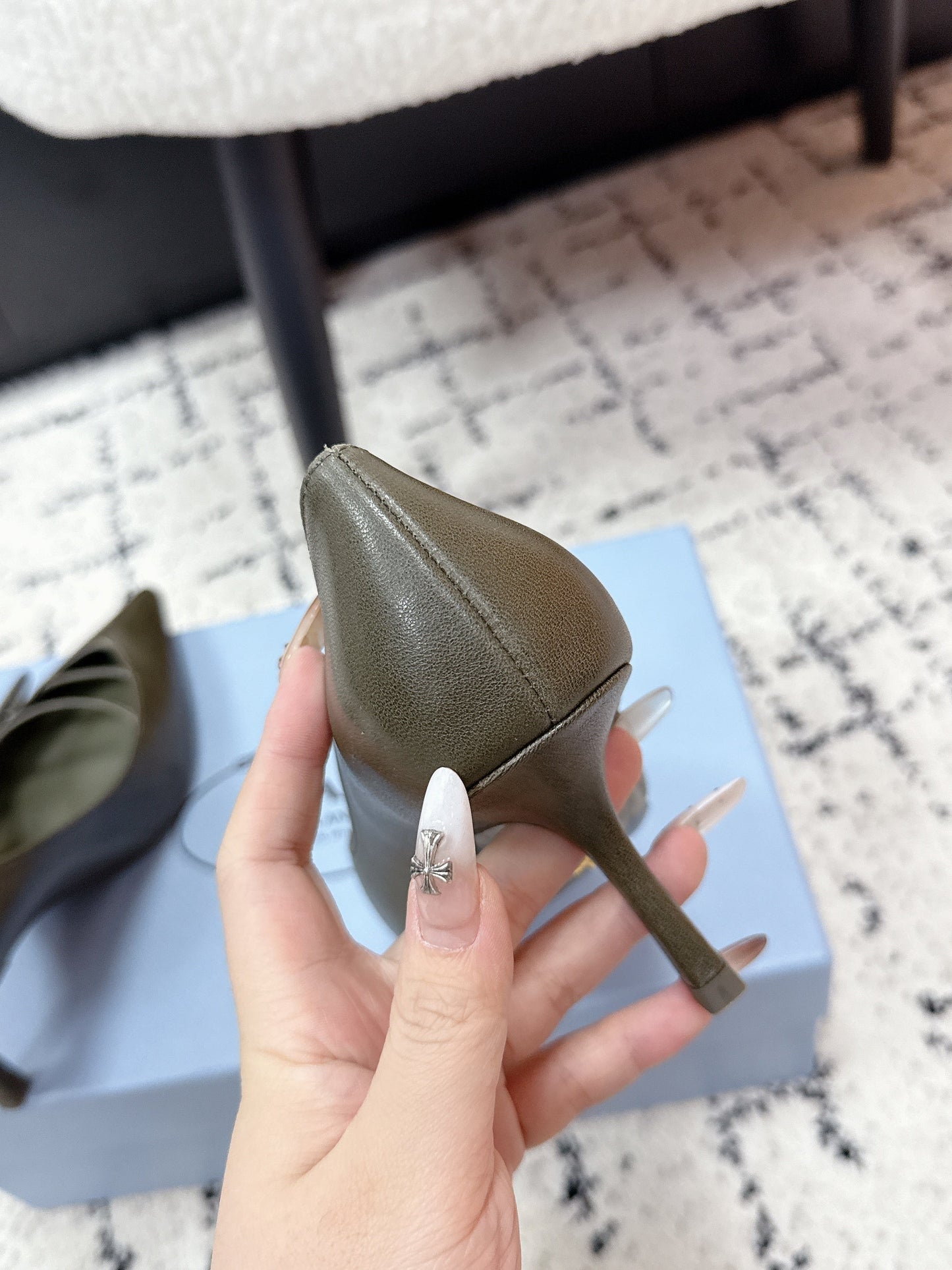 PRADA 26S POINTED-TOE HIGH HEELS 75MM IN OLIVE BROWN CALFSKIN