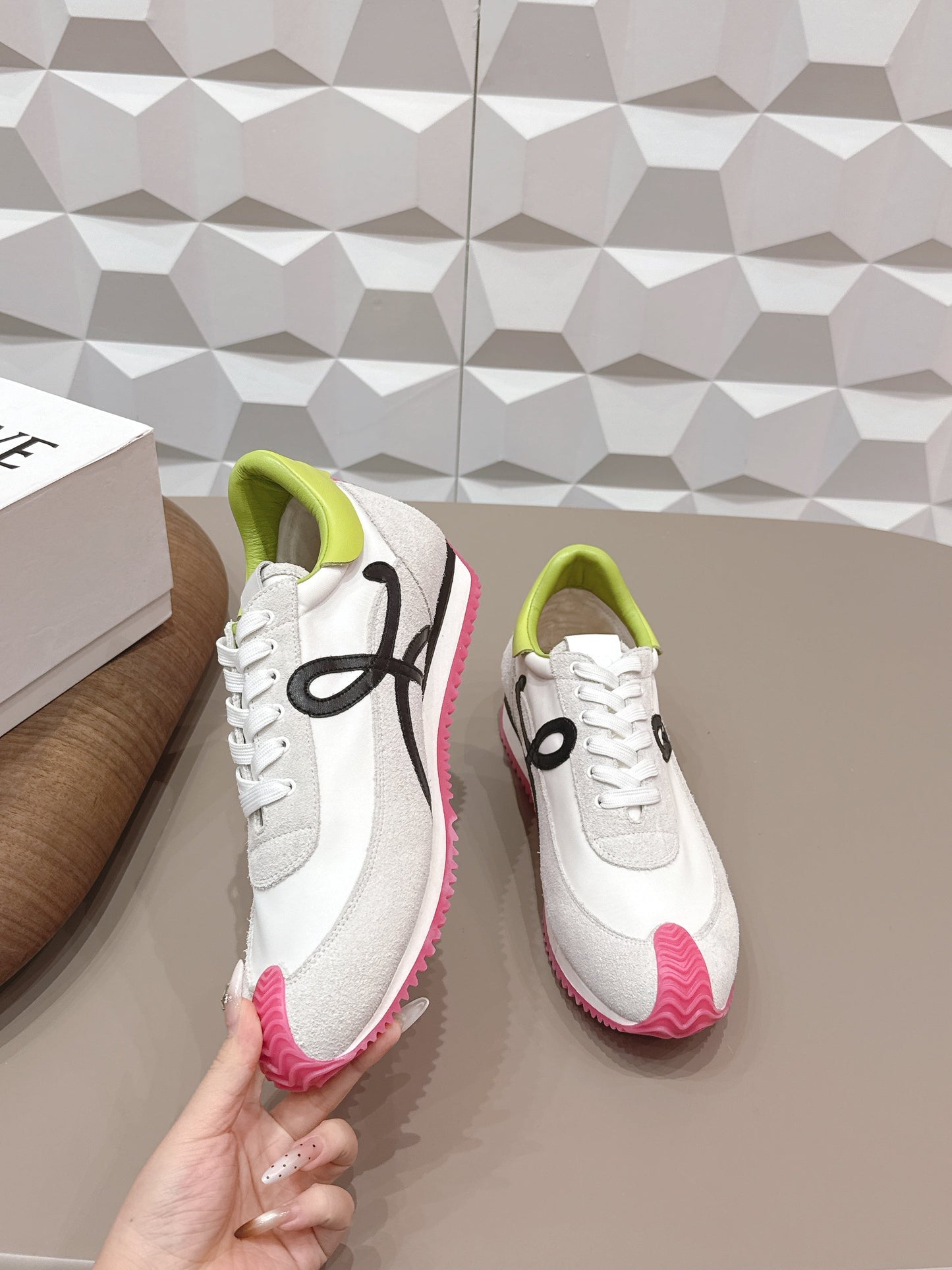 LOEWE 26S FLOW RUNNER SNEAKER IN LIGHT GRAY SUEDE AND LIME YELLOW AND BLACK CALFSKIN