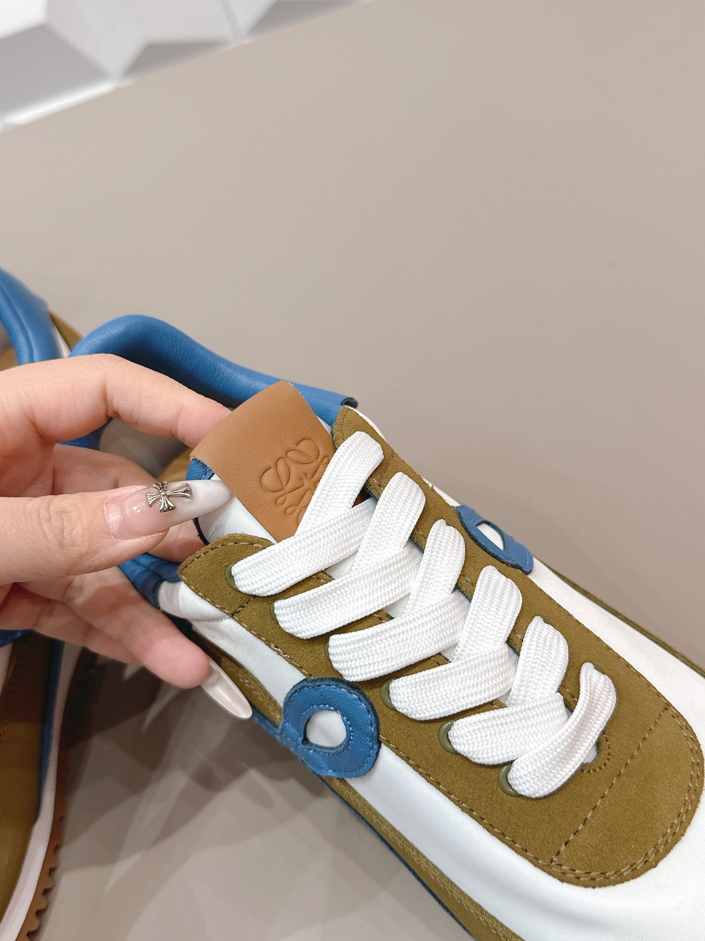 LOEWE 26S FLOW RUNNER SNEAKER IN OLIVE BROWN AND WHITE SUEDE AND BLUE CALFSKIN