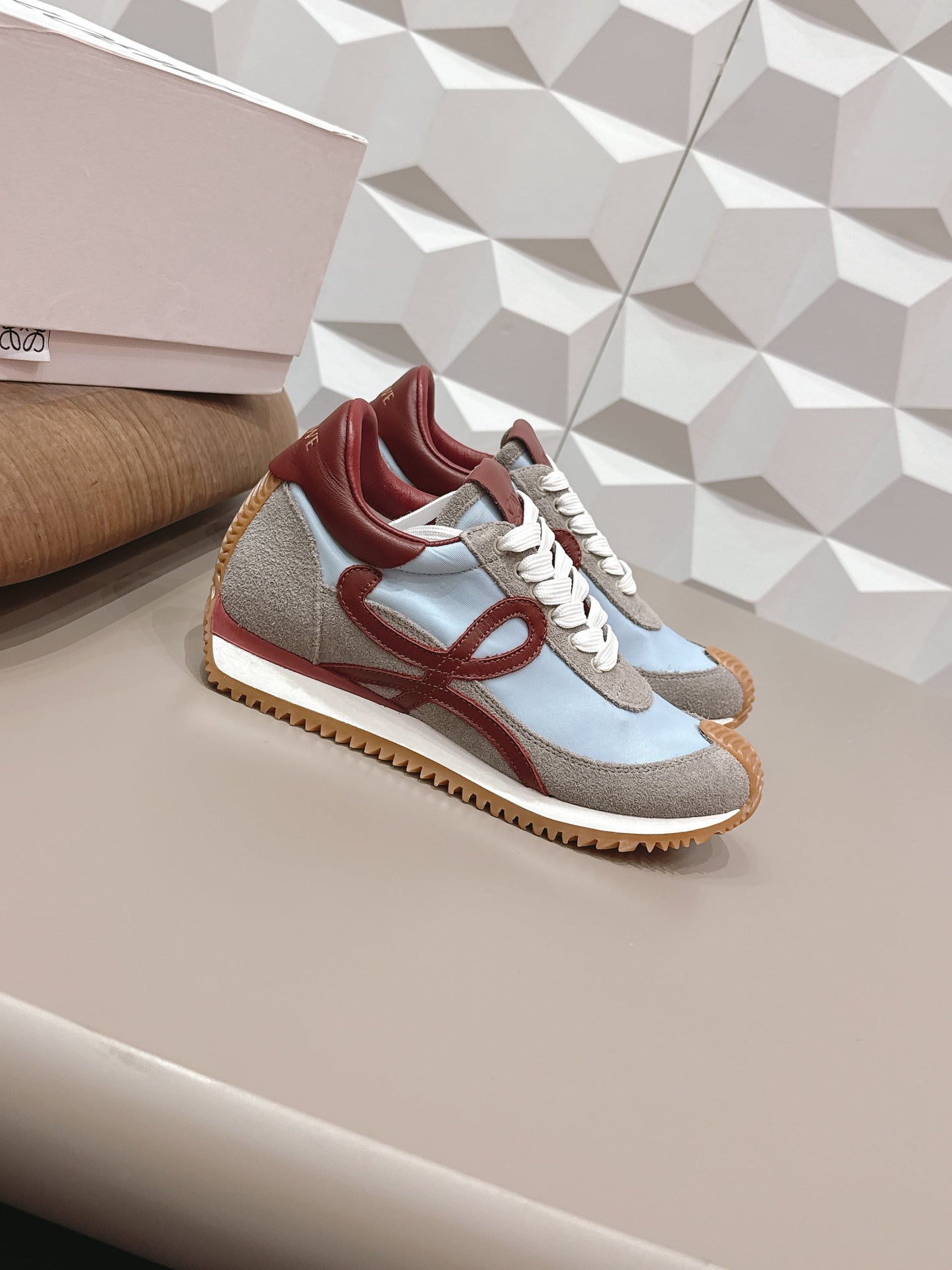 LOEWE 26S FLOW RUNNER SNEAKER IN GRAY AND BLUE SUEDE AND DARK RED CALFSKIN